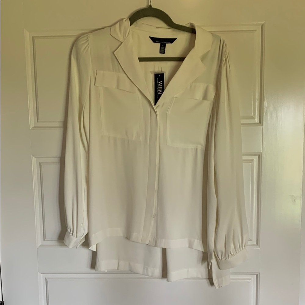 White House Black Market Cream Long Sleeve Notched Collar Blouse